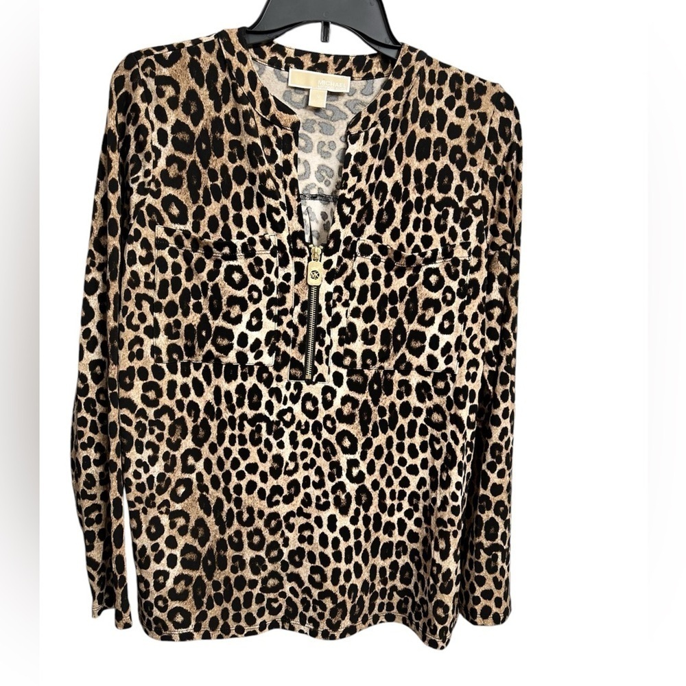 MICHAEL KORS Womens Button Up Shirt Blouse Long Sleeve Brown Leopard Print Med